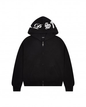 Black Men's Trapstar Script Waffle Hoodies UK | 85340-QIRG