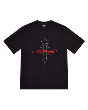 Black Men's Trapstar X Ed Hardy Ironagte T-shirts UK | 81397-ZLPF