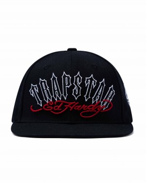 Black Men's Trapstar x Ed Hardy Snapback Caps UK | 16279-QRLP