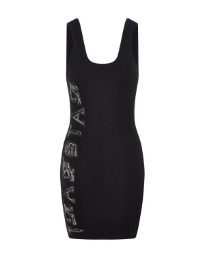 Black Women's Trapstar Script Denim Applique Tank Dress UK | 29483-RJOB