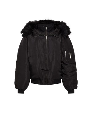 Black Women's Trapstar Script Fur Hood Bomber Jackets UK | 87936-DMLN