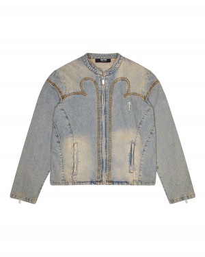 Blue Men's Trapstar Irongate Denim Motocross Jackets UK | 23596-EOHR