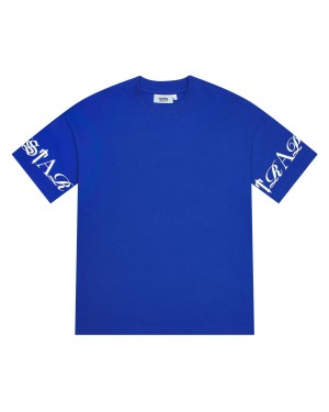 Blue / White Men's Trapstar Script T-shirts UK | 06431-YIRK