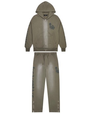 Dark Khaki Men's Trapstar Script Spray Tracksuits UK | 59621-SUQB