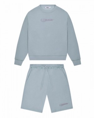 Light Blue Men's Trapstar Hyperdrive Crewneck Short Set UK | 76423-LMYU