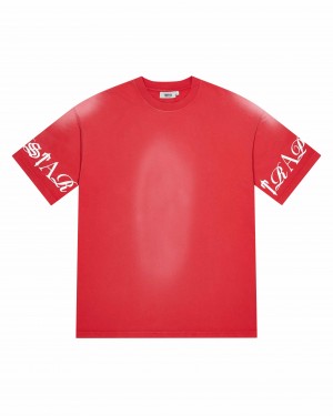 Red Men's Trapstar Script T-shirts UK | 20916-XBYS