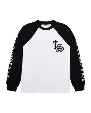 White / Black Men's Trapstar Script Waffle LS Sweatshirts UK | 65107-KYJE