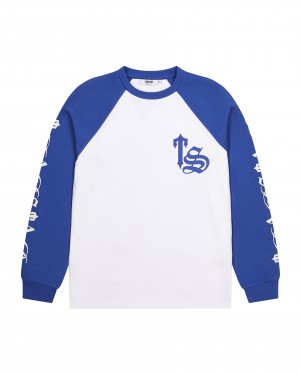 White / Blue Men's Trapstar Script Waffle LS Sweatshirts UK | 30687-PDBQ