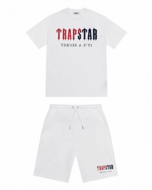 White / Red Men's Trapstar Chenille Decoded Short Set UK | 71382-EFBN