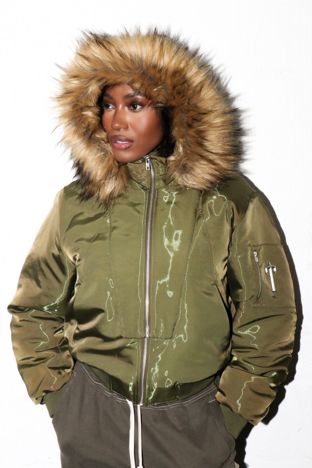 Khaki Women's Trapstar Script Fur Hood Bomber Jackets UK | 41680-NPZJ