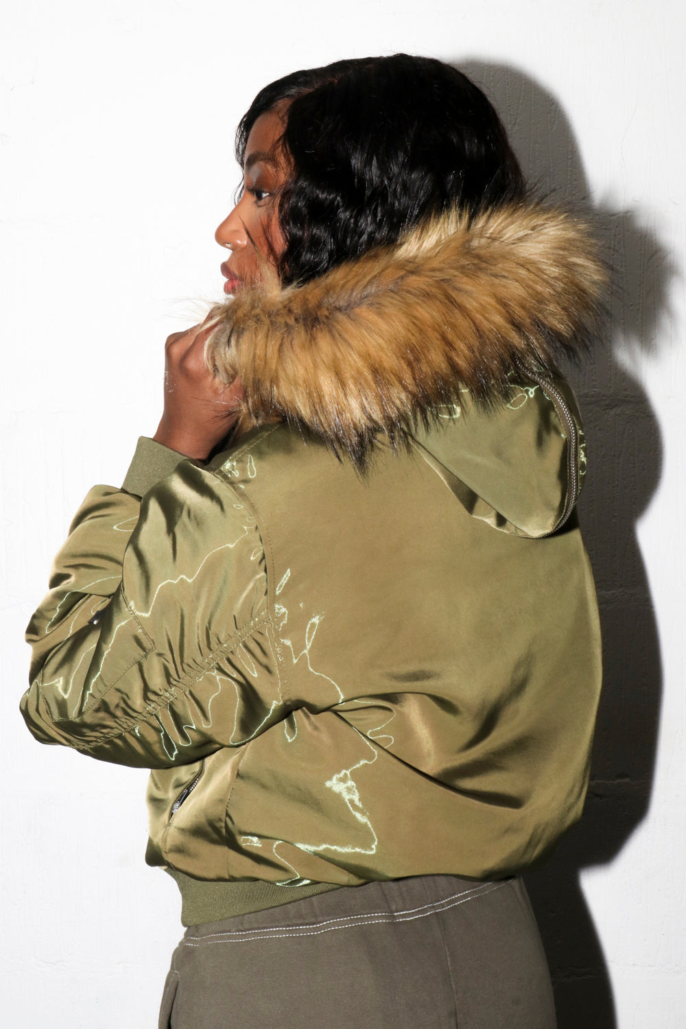 Khaki Women's Trapstar Script Fur Hood Bomber Jackets UK | 41680-NPZJ